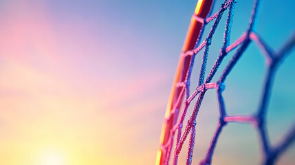 Close Up Of Soccer Netting Against Colorful Sunset Sky With Geometric Pattern And Selective Focus