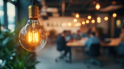 Poster - Glow of vintage-style light bulb brightens a modern workspace filled with colleagues engaged in discussion