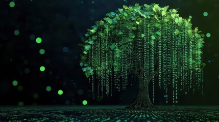 Aufkleber - Digital Tree with Green Leaves and Binary Code on a Dark Background Representing Cyber Nature Concept