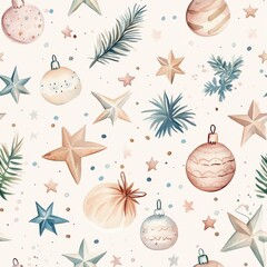 Poster - Playful watercolor doodle of festive ornaments, stars, and greenery for holiday decoration designs
