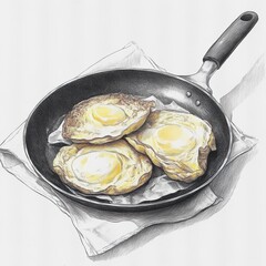 Poster - Freshly made omelette served in a skillet with sunny-side up eggs on a cozy kitchen countertop during breakfast time