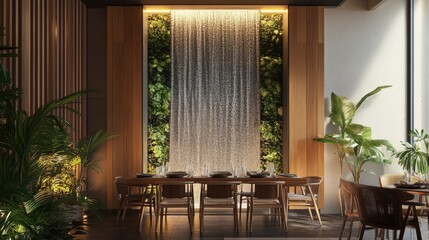 Poster - Elegant dining area with wall-mounted water feature and greenery illuminated in a contemporary setting