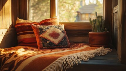 Aufkleber - Cozy nook adorned with Navajo-style throw blanket and decorative pillows in sunlit room