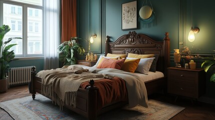 Aufkleber - Cozy Victorian bedroom with elegant decor and warm colors in a peaceful urban setting