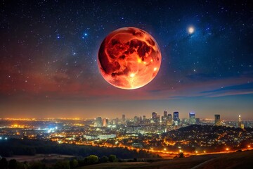 Wall Mural - Night Sky Eclipse Photography: Majestic Lunar Eclipse over Cityscape