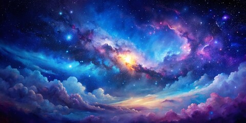 Wall Mural - Night Sky Starry Painting, Dark Blue Galactic Nebula, Cosmic Art, Low Light Astrophotography