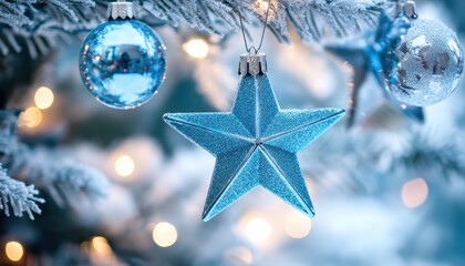 Aufkleber - Blue Star Ornament and Festive Christmas Tree Decorations
