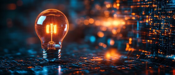 Poster - A glowing lightbulb with a circuit board filament, radiating vibrant energy against a dark background of flowing digital streams, symbolizing innovation and technological progress