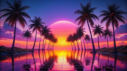 Wall Mural - retro sunset palm trees synthwave 80s aesthetic landscape