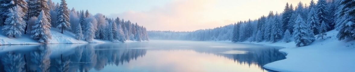 Frozen lake reflects snow-laden pines, winter wonderland, branches, idyllic, peaceful