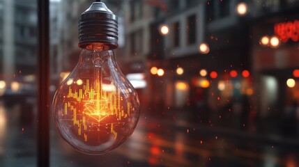 Poster - Modern Light Bulb with Financial Data Overlay in Urban Setting During Rainy Evening