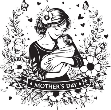 Heartwarming Mother's Day illustration featuring a mother embracing her child, surrounded by flowers and love-filled decorations