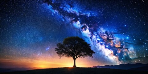 Wall Mural - Silhouetted Lone Tree Against a Vibrant Starry Night Sky