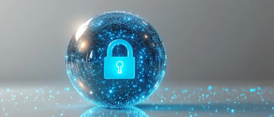 cyber security protection technology with glowing blue padlock inside a sphere, surrounded by blurre