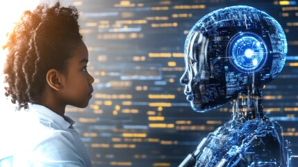 Poster - Interaction between a young girl and a futuristic AI robot highlighted in stunning 4k quality