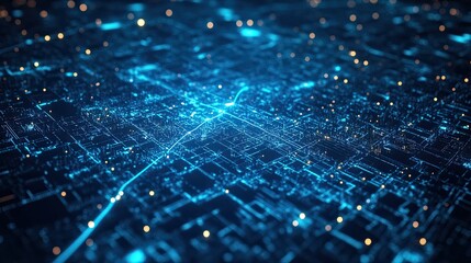 A global network concept with connections between major cities on a digital blue map.
