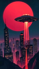 Poster - A red UFO is flying over a city with a large red sun in the background. The city is lit up with lights and the UFO is glowing