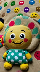 Poster - A colorful pillow with many smiling faces on it. There are also two small stuffed animals on the pillow