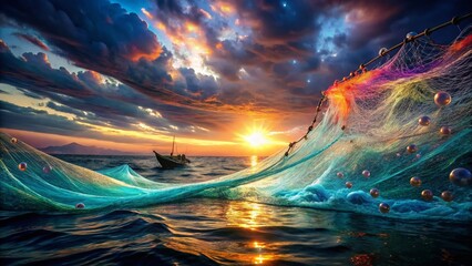 Wall Mural - surreal floating fishing net buoys in dreamlike ocean scene
