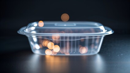 Poster - clear plastic container with soft light reflections observed in a dark setting creating an artistic 