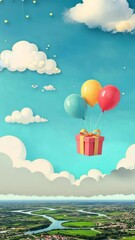 Aufkleber - A blue sky with clouds and a balloon with three balloons. A red and yellow balloon is in the air