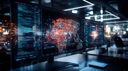 Poster - High-tech workspace displaying colorful global data visualizations at night