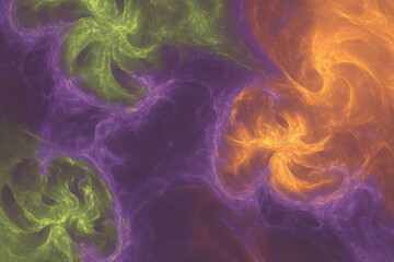 Wall Mural - A mesmerizing, colorful abstract background featuring swirling nebula clouds. The radiant hues of deep violet, neon green, and fiery orange blend seamlessly, creating a cosmic, dreamy, and visually