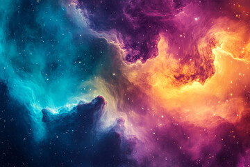 Wall Mural - A dreamy, colorful abstract background resembling a cosmic nebula. Swirling gaseous clouds in hues of rich magenta, glowing cyan, and golden amber stretch across a deep space backdrop, evoking