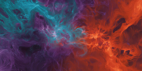 Wall Mural - A radiant, colorful abstract background resembling a nebula explosion in deep space. The swirling cosmic clouds in glowing violet, fiery red, and deep teal create a celestial, galactic, and visually