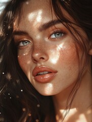 Poster - A close-up shot of a woman's face with freckles, perfect for beauty or lifestyle uses