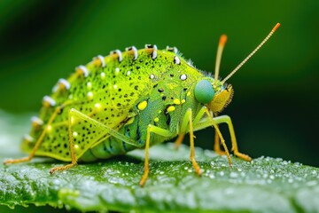 Poster - A close-up view of a small green insect sitting on a leaf, providing an intimate look at the tiny creature's details
