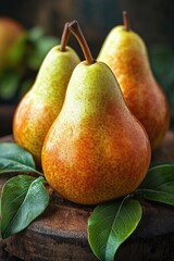 Poster - Fresh pears sit on a rustic wooden table, perfect for still life photography or kitchen decor