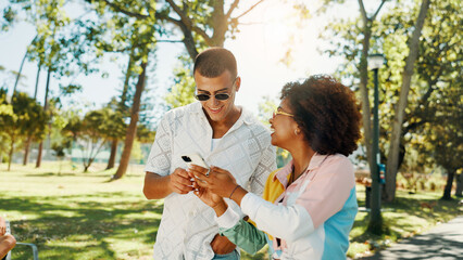Poster - Couple of friends, mobile and happy outdoor for social media post, online blog and reading text message. Phone, gen z man and woman at park together for internet, communication and show video on app