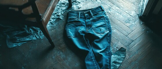 Aufkleber - A pair of blue jeans lying on the floor, possibly abandoned or discarded