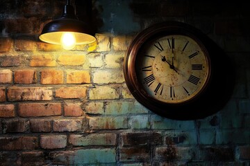 Aufkleber - A clock on a brick wall next to a light source, perfect for use in interior design or architecture contexts