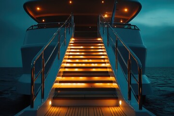 Poster - A stairway leading up to the top deck of a boat, perfect for marine or nautical themed projects