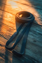 Poster - Close-up shot of a belt lying on a wooden table, suitable for use in still life photography or product display scenarios