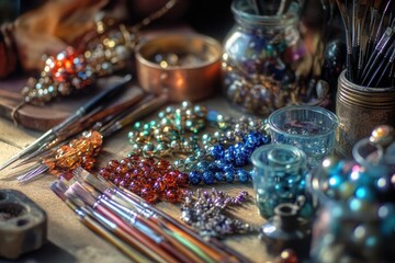 Poster - A colorful tabletop decorated with various colored beads