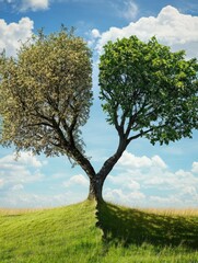 Aufkleber - Image of two trees standing in a grassy field under a blue sky