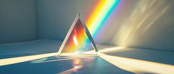 Poster - A colorful rainbow shines bright through a glass prism on a white surface, perfect for adding a pop of color to any design