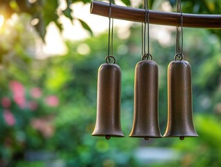 Poster - A group of bells hung from a tree branch, natural and rustic scenery