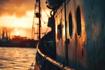 Aufkleber - A boat on the water with the sun setting in the background