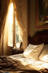 Aufkleber - A comfortable bedroom with a large bed and a beautiful painting on the wall, perfect for interior design or lifestyle photography