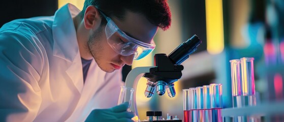 Poster - A scientist examines a slide under a microscope, focusing on a sample or specimen