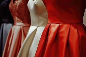 Poster - Three mannequins wearing different dresses, displayed on a stand