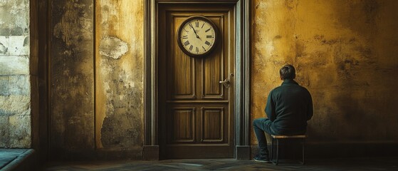 Poster - A person sits in front of a door with a clock on it, waiting or contemplating