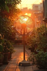 Poster - A large fan sits on top of a city sidewalk, perfect for hot summer days or outdoor events