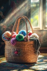 Poster - A basket filled with yarn sitting on a table, great for craft or office use