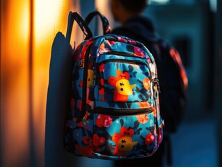 Poster - A brightly colored backpack hangs from a hook on the wall, perfect for travel or adventure-themed designs