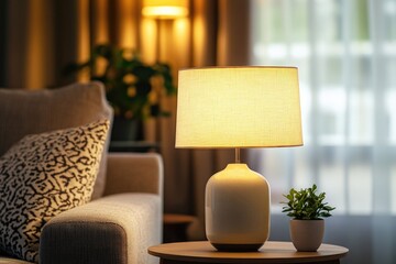 Poster - A simple white lamp sits on a table beside a cozy couch, perfect for a reading nook or study area